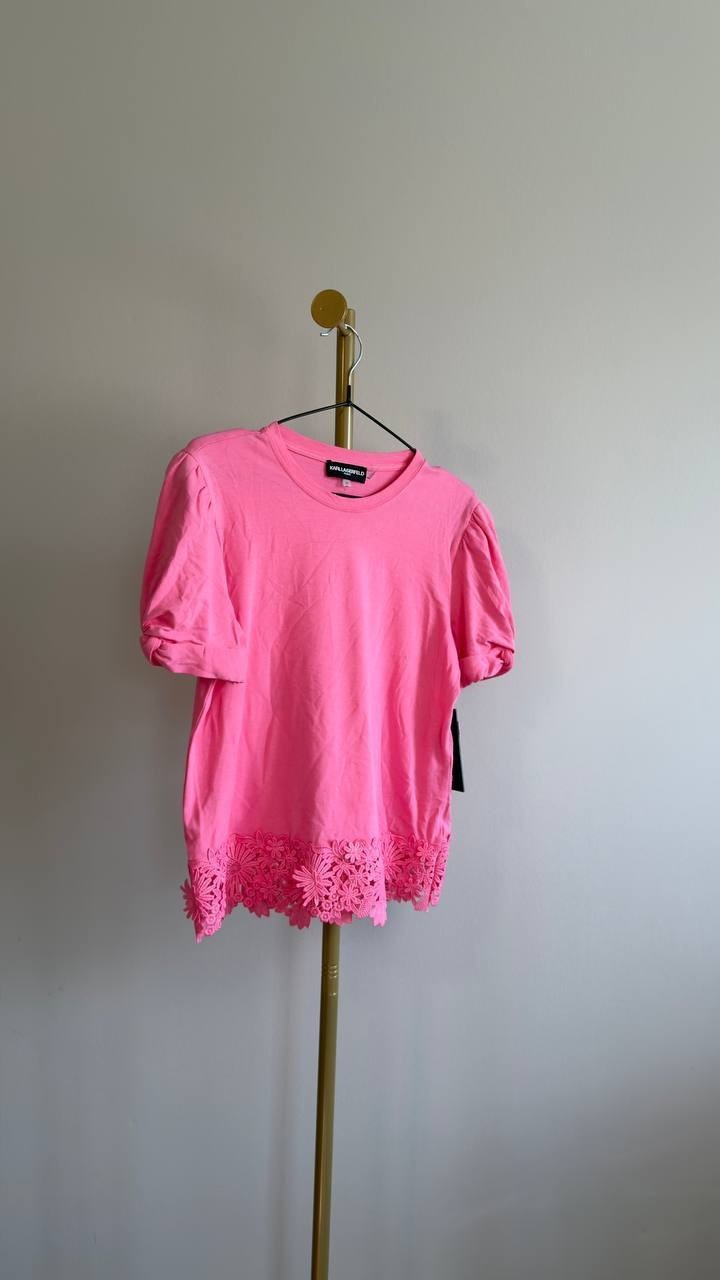 Karl Lagerfeld Cotton & Modal Floral Lace Hem Tee Pink Carnation XS NWT $79