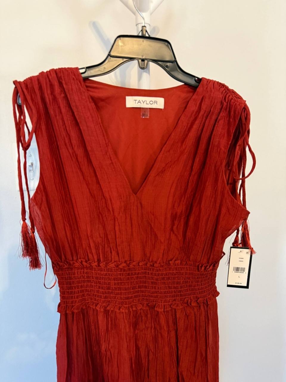 Taylor V‑Neck Handkerchief‑Hem Dress – Size L – NWT – $128