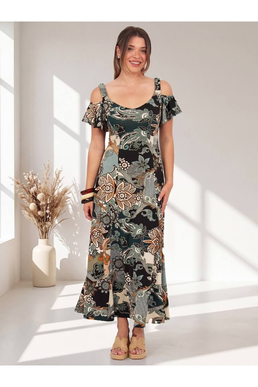 24Seven Comfort Apparel Cold Shoulder Maxi Dress Paisley Print L NWT $73