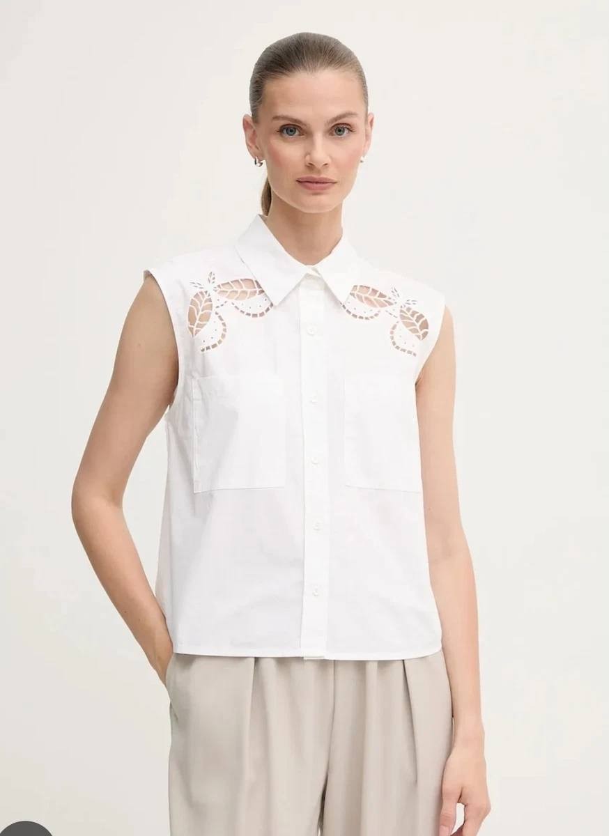 DKNY Cotton Sleeveless Ladder‑Trim Blouse White XS NWT $89