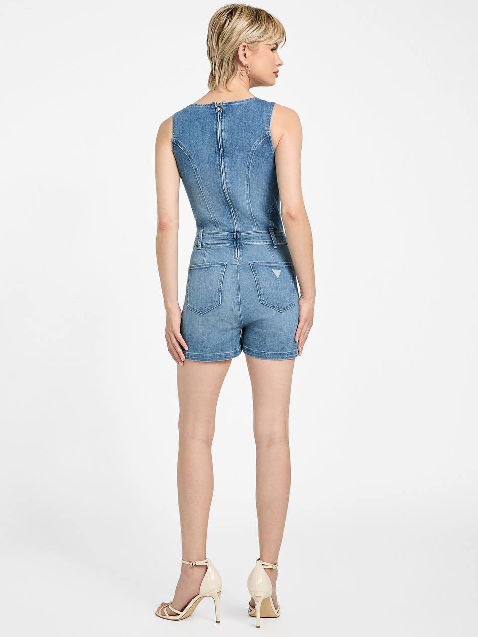 Guess Eco Denim Button‑Front Romper Blue Size L/G NWOT Sustainable Chic msrp$168