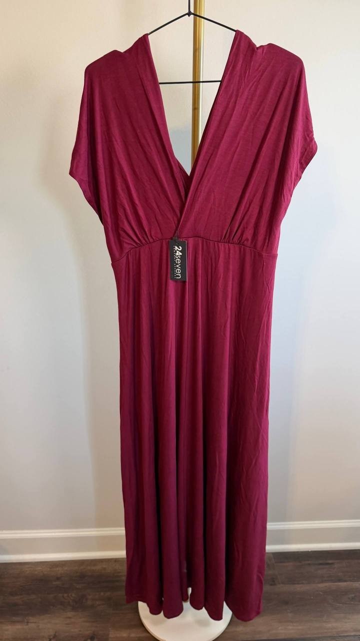 24Seven Comfort Apparel Women’s Cap Sleeve V‑Neck Maxi Dress Wine 1X $48.99 NWT