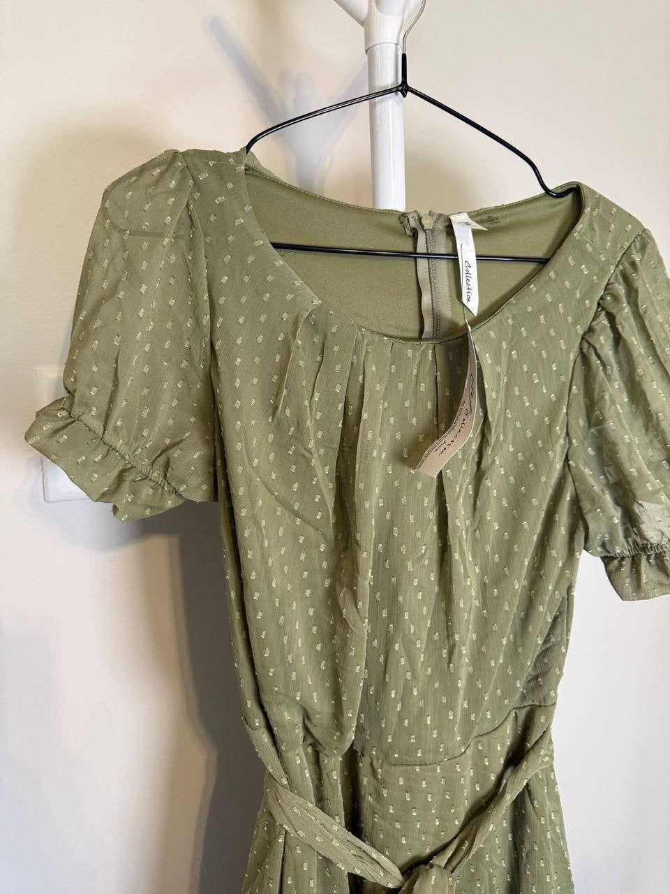 NY Collection Petite Short Sleeve Belted Swiss Dot Dress – Olive– Size PL – NWT