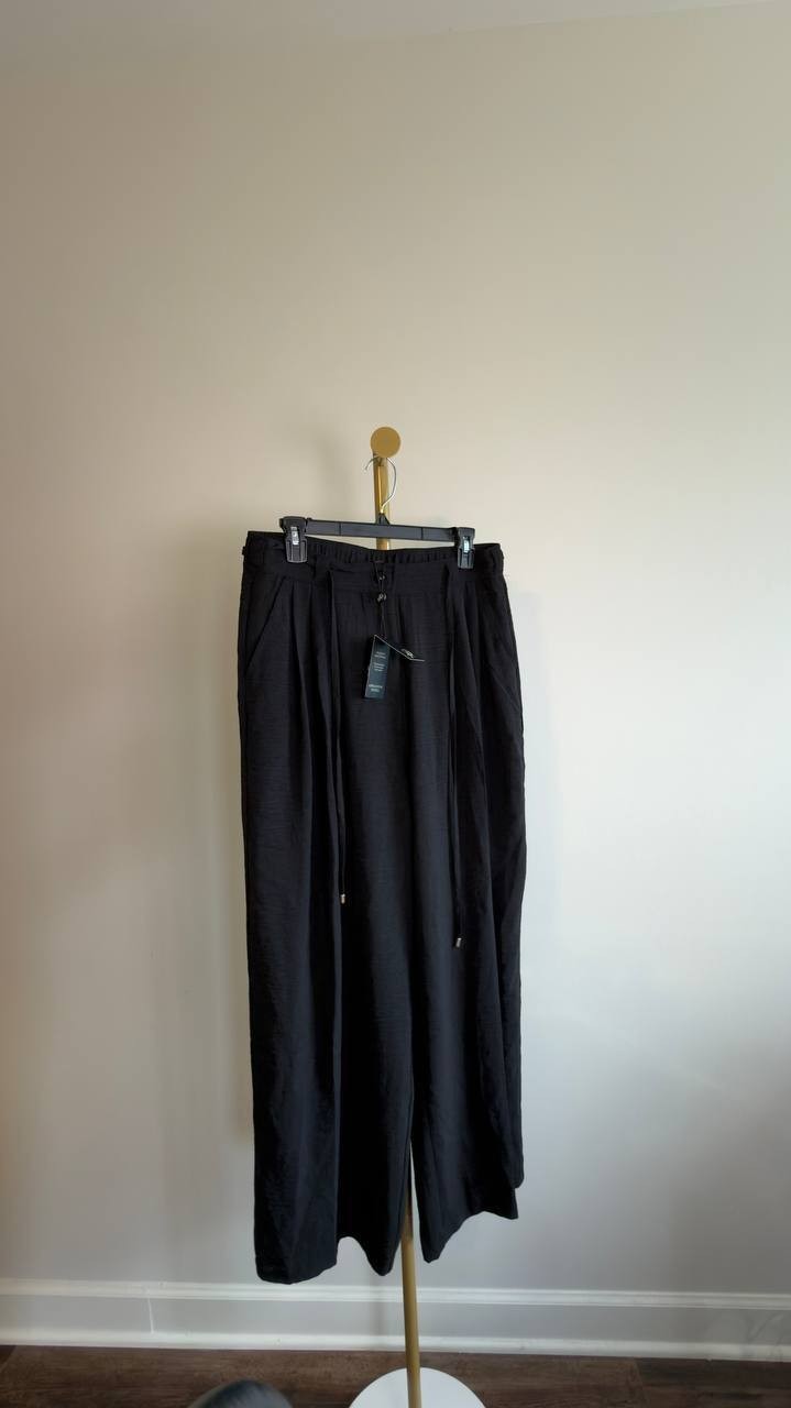 Adrianna Papell Tie Belt Airflow Pleated Wide‑Leg Pants Black L NWT $50