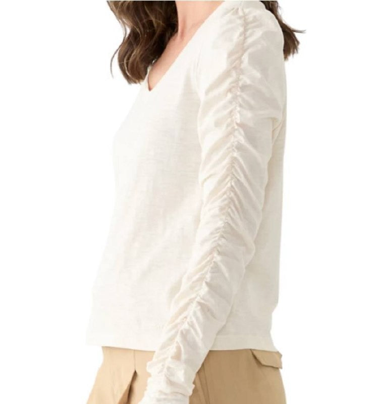 DKNY JEANS Ivory Ruched V‑Neck Knit Top P/XL Pre‑Owned Long Sleeve msrp$49