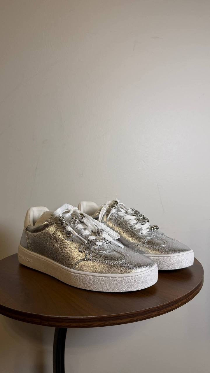 Michael Kors Scotty Lace Up Leather Sneakers Silver 8 Charms NWB MSRP $125