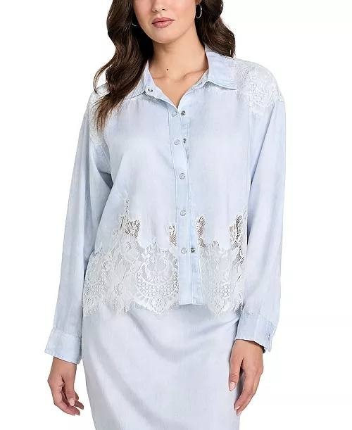GUESS Shirt S Blue Evie Lace Trim Chambray Long Sleeve Casual NWT MSRP $129