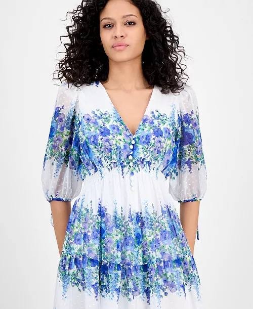 Taylor Printed V-Neck Smocked-Waist Dress Blue/Wisteria 6 NWT $139