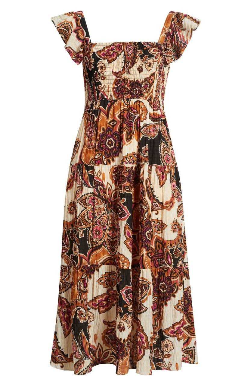 Vince Camuto Paisley Tiered Midi Sundress Brown Mult M $108 NWT
