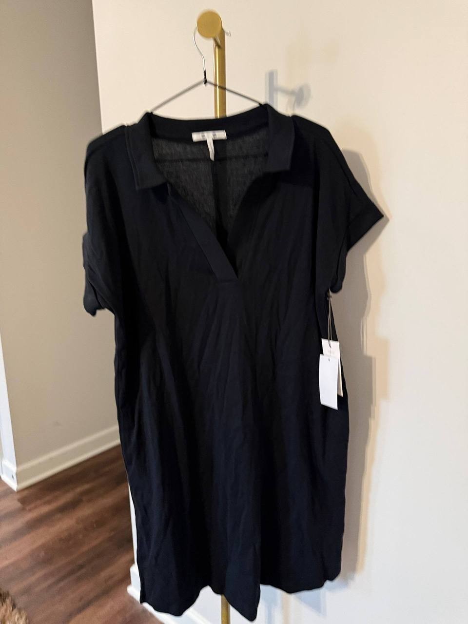 Three Dots Koda Rib Shirt Dress Black L NWT Minimalist Stretch Knit MSRP$88