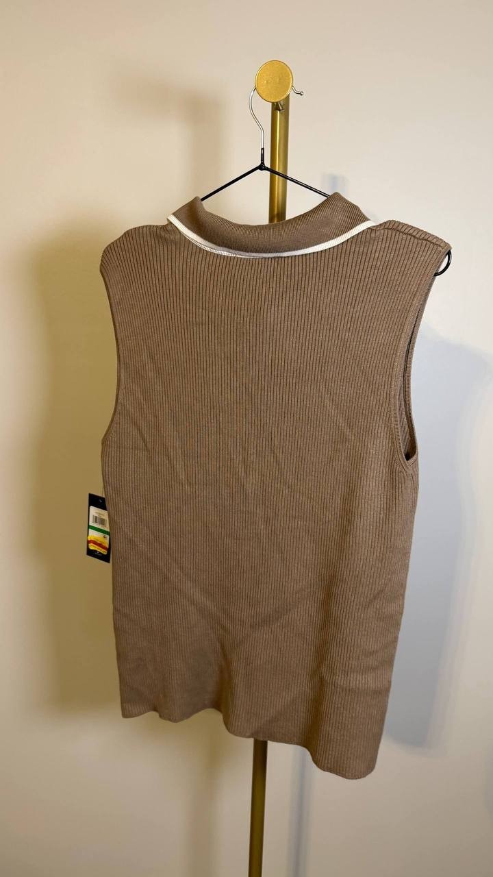 Tommy Hilfiger Contrast‑Tipped Sleeveless Polo Top Brown L $59 NWT