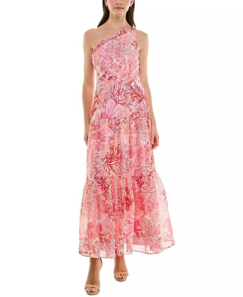 Taylor Ruffled One‑Shoulder Chiffon Maxi Dress Red Multi 14 NWOT $138