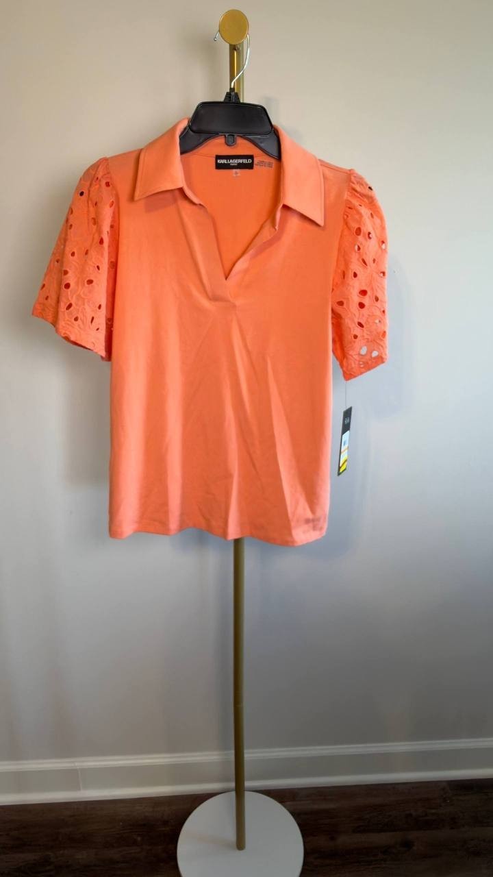 Karl Lagerfeld Paris Eyelet‑Sleeve Collared Top Coral S NWT $89