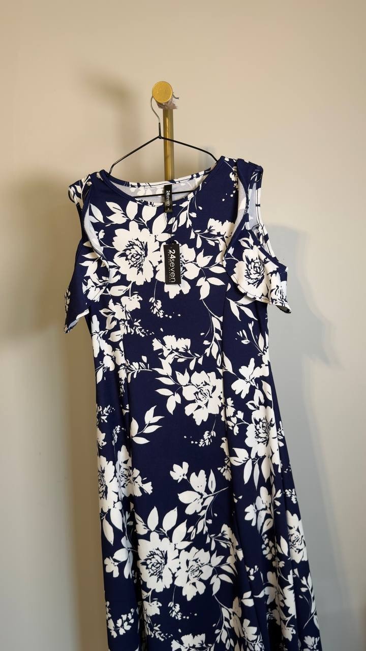 24Seven Comfort Apparel Cold Shoulder Maxi Dress Blue Multi XL NWT $117