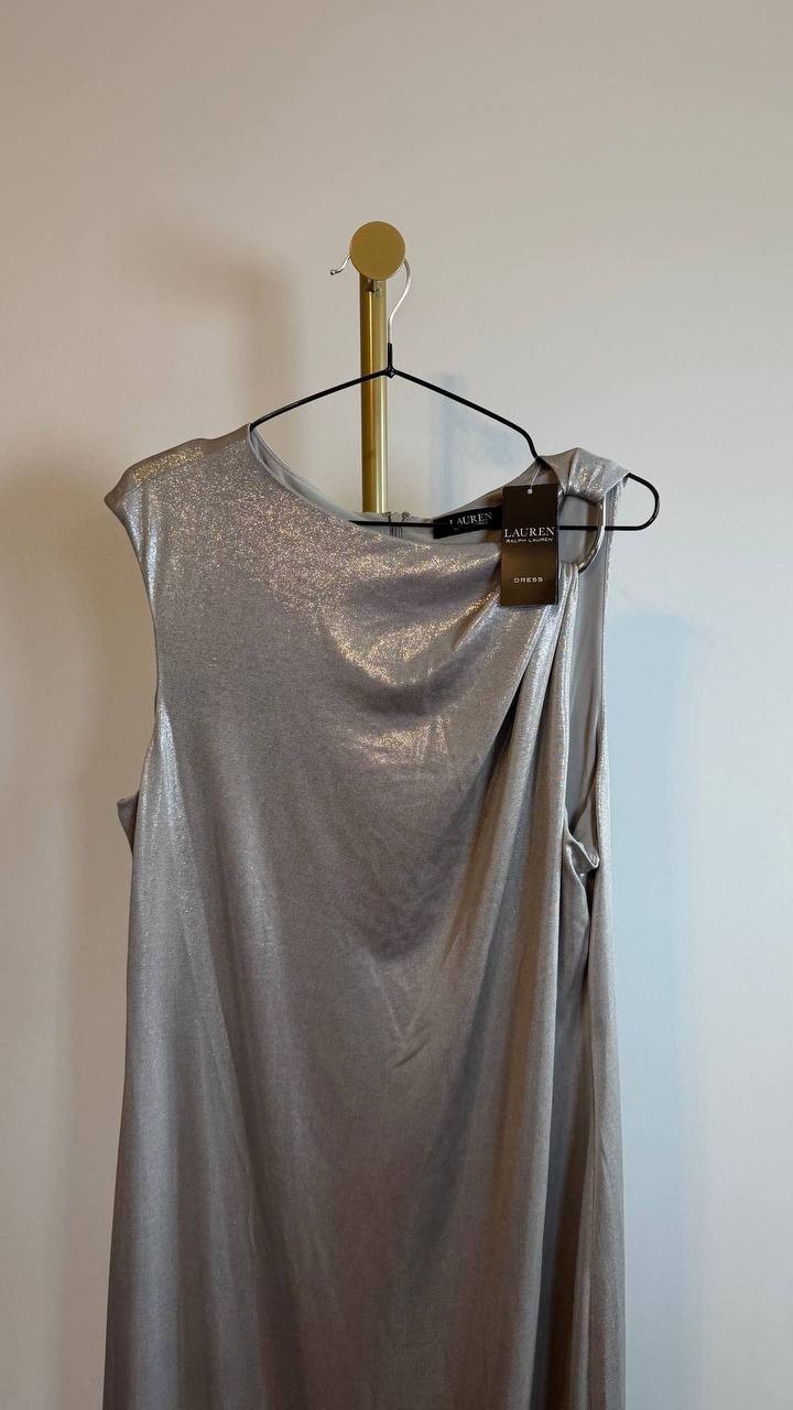 Lauren Ralph Lauren Metallic Jersey Column Gown Silver 8 NWT $265