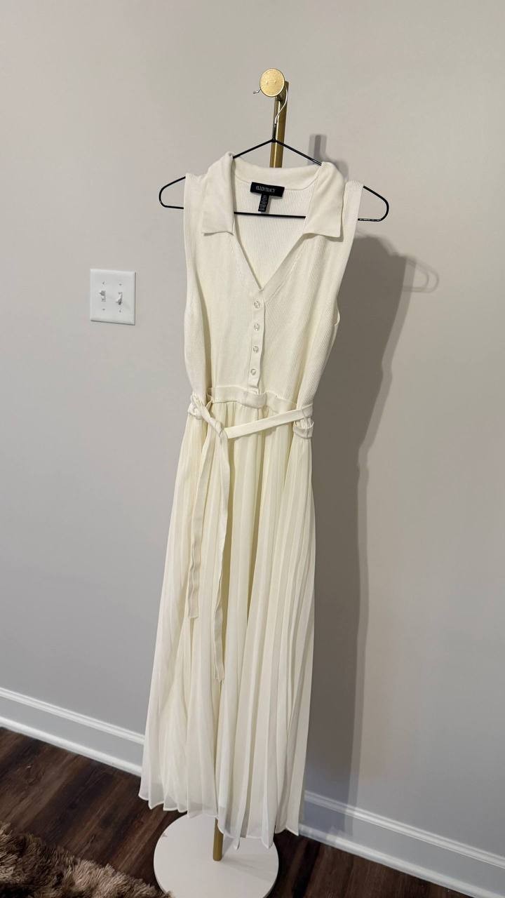 Ellen Tracy Ivory Sleeveless Pleated Dress Size L with Belt Good Pre-Owned