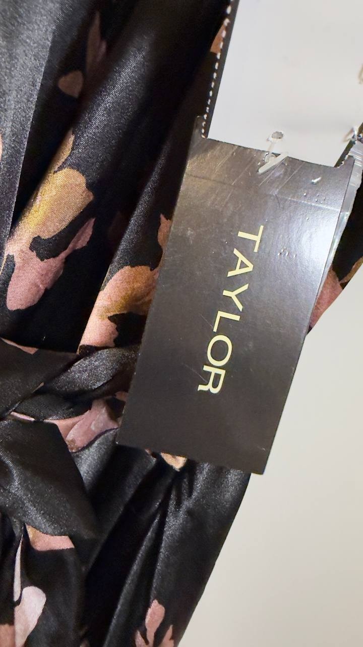 Taylor Women’s Floral V‑Neck Fit & Flare Dress Black Rose Mauve 16 NWT $129