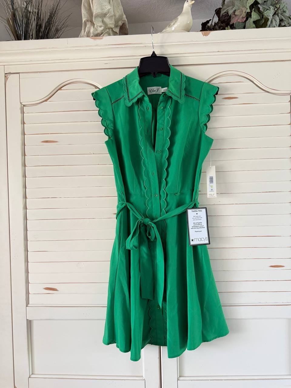 Eliza J Green Shirtdress Size 4 Scallop Detail Cap Sleeve Belted Fit NWT