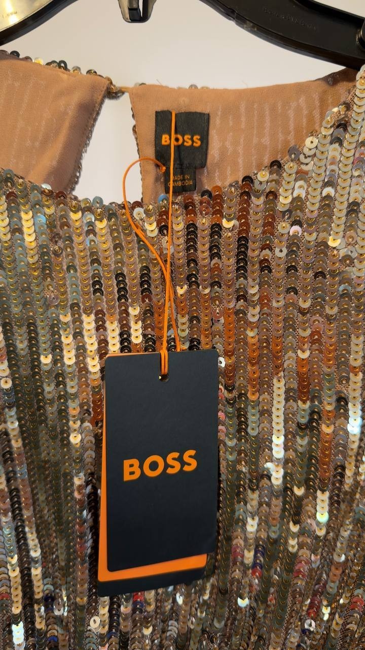 BOSS Illana Sequin Crop Top – Orange – NWT – Sleeveless Jewel Neck