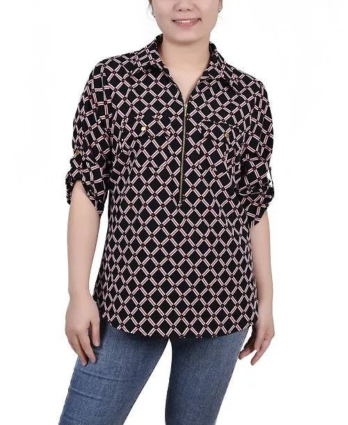 NY Collection Women’s Roll Tab Zip Front Top Black Red Chain PL $44 NWT