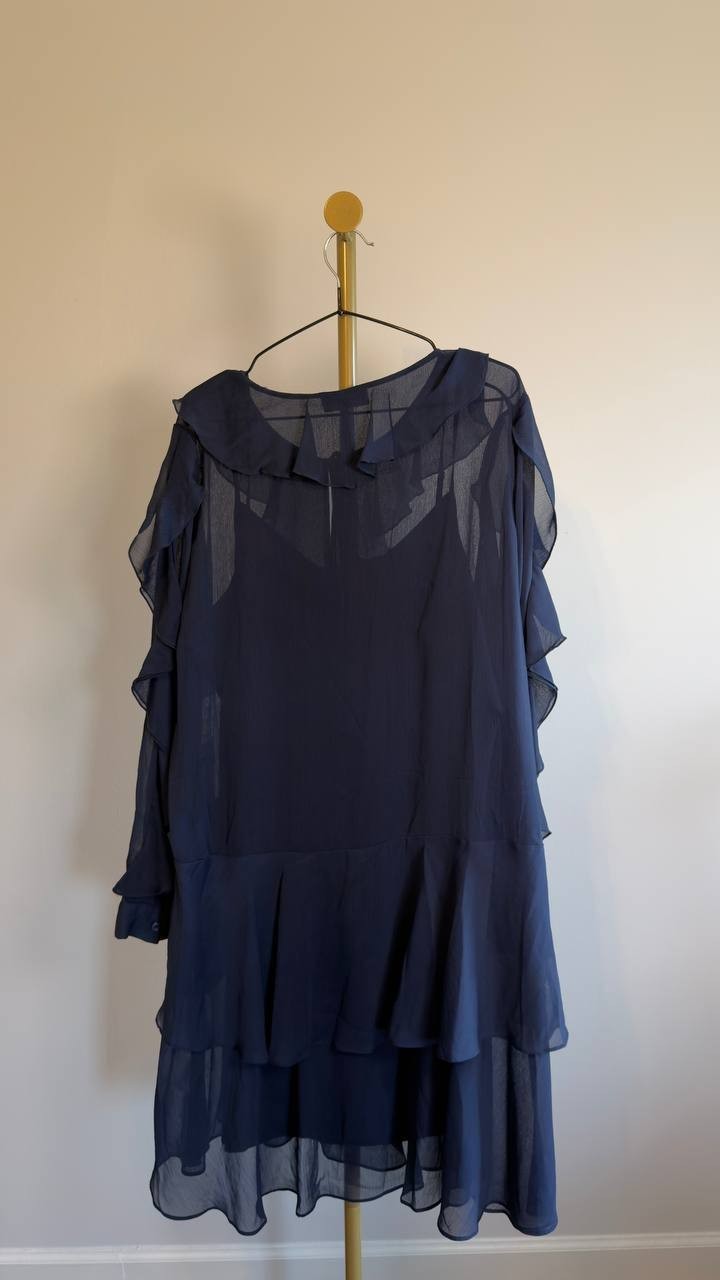 Karl Lagerfeld Paris Layered Ruffle Tie-Front Dress Navy 16 NWT $149