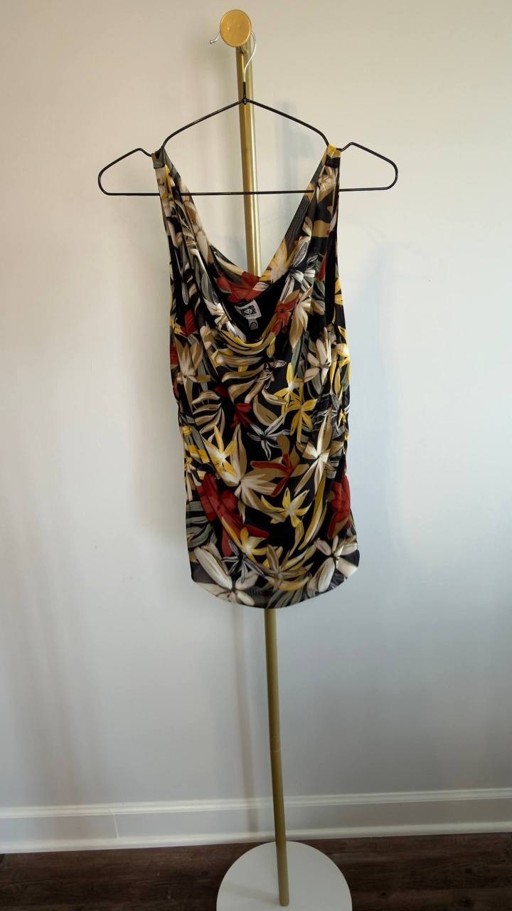 Anne Klein Printed Ruched Draped‑Neck Mesh Top Floral S NWT $69