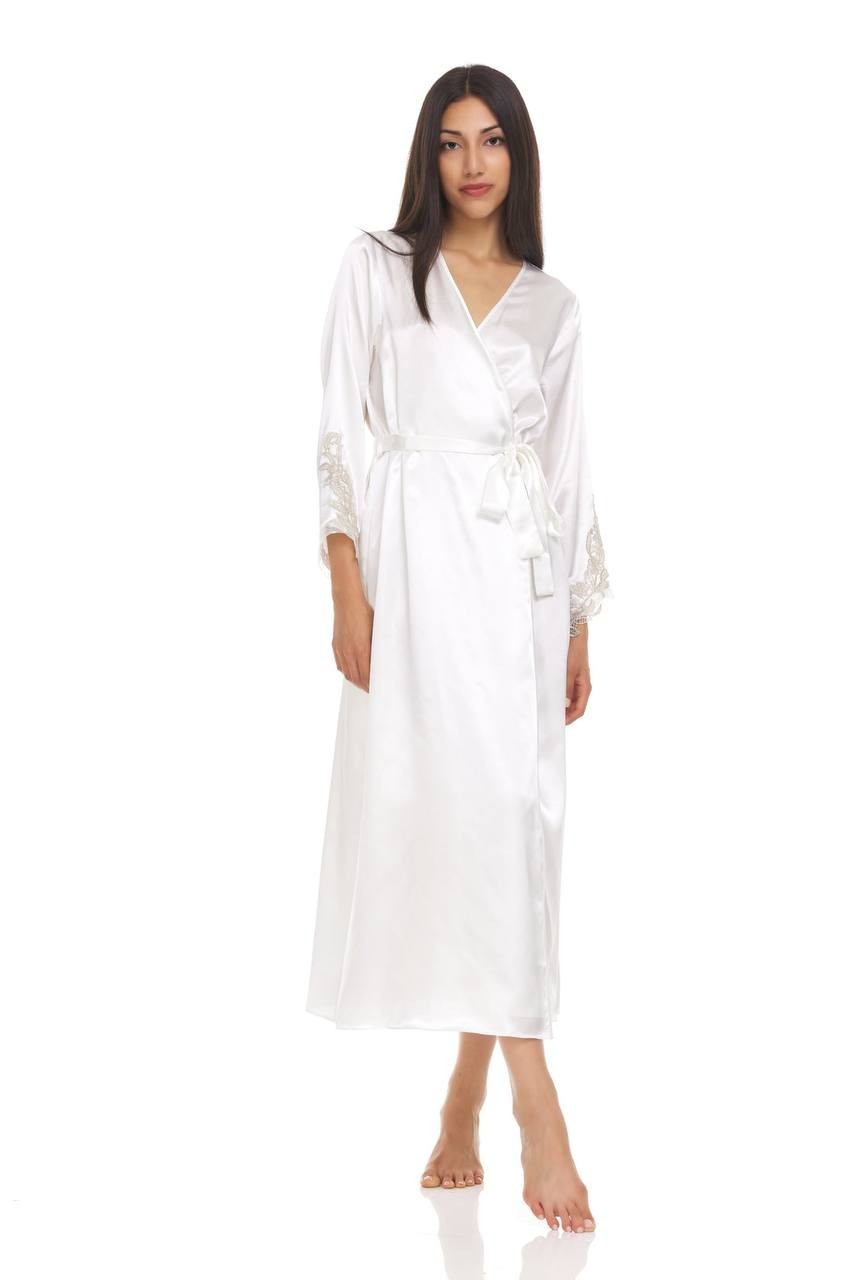 Flora Nikrooz Long Satin Robe Ivory  Appliqués Size S/M Bridal Romantic NEW