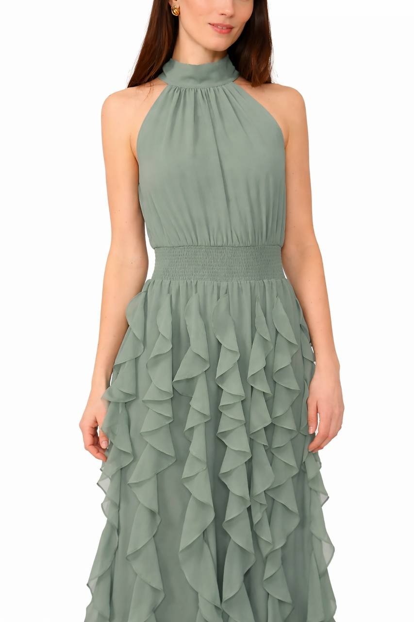 1.STATE Dark Forest Halter Neck Ruffle Maxi Dress Size S NWT Damaged Fabric