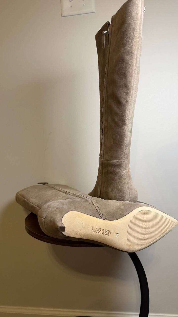 Lauren Ralph Lauren McKay Boots 8B Taupe Suede Tall Pointed Toe NIB msrp$275