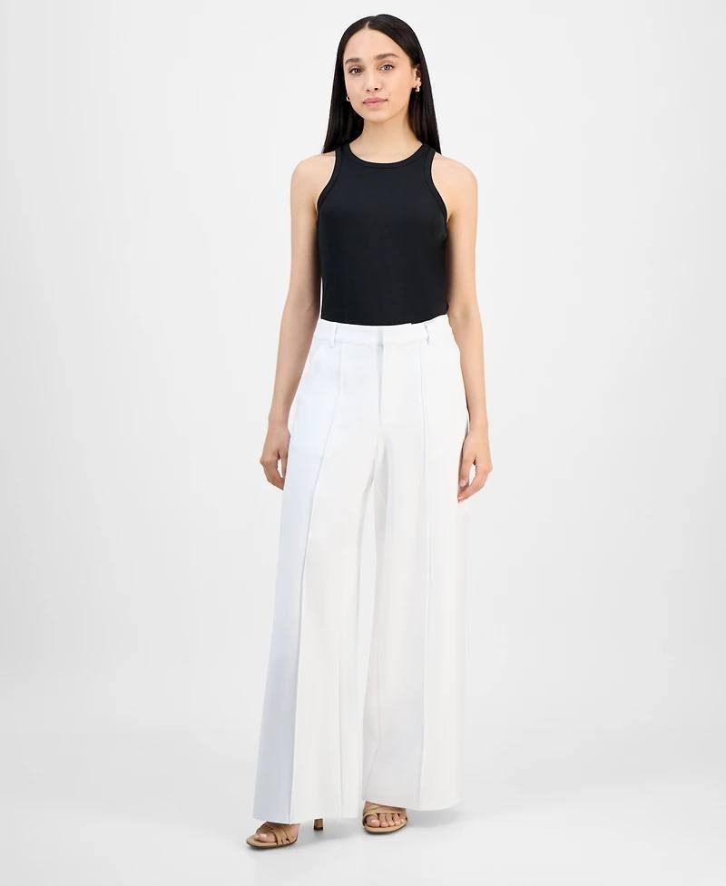 Bar III Women's White Ponte Pants, Seamed Wide-Leg, Petite High-Rise Zipper