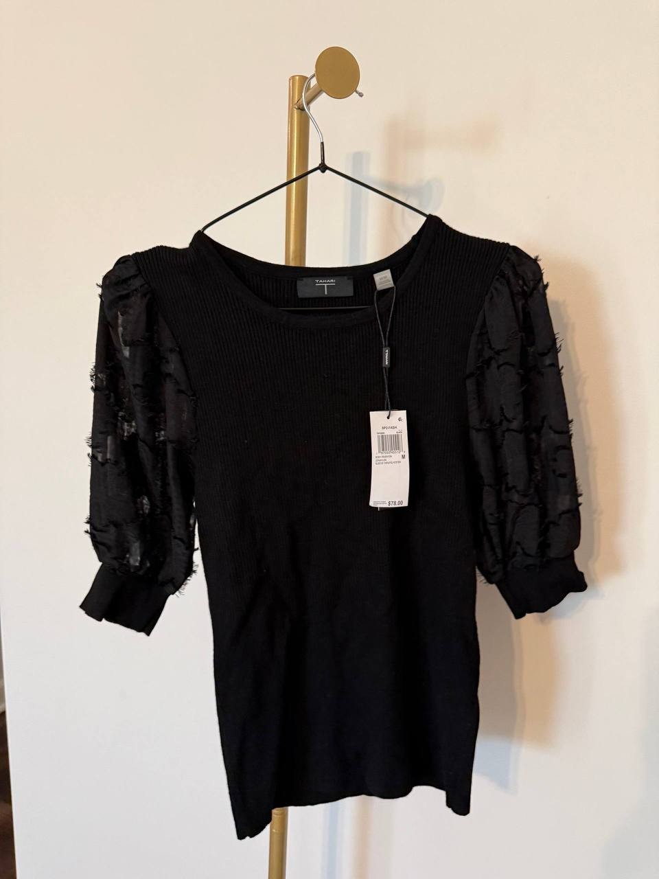 Tahari Puff‑Sleeve Ribbed Knit Top Black SizeM NWT Floral Sheer Sleeves msrp$78