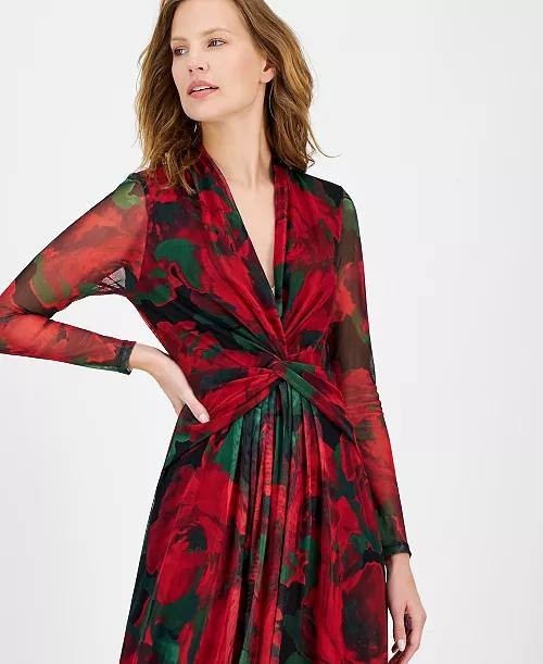 Anne Klein Rose‑Print Twist‑Front Maxi Dress Titian Red Multi 8 NWT $149
