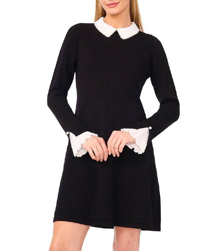 CeCe Knit Pearl‑Collared Long‑Sleeve Sweater Dress– Black–Size XL – NWT – $109