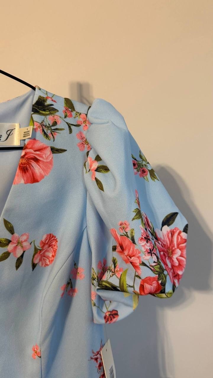 Eliza J Printed V‑Neck Bubble‑Sleeve Sheath Dress Light Blue 6 $138 NWT
