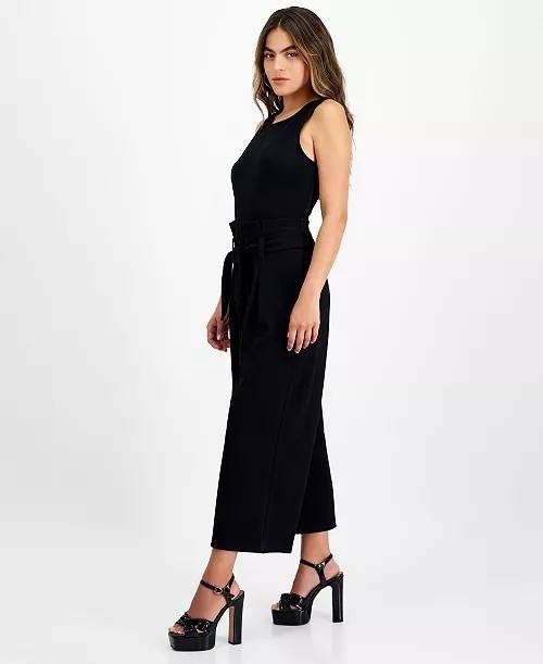 Bar III Petite Tie-Waist Jumpsuit Black Crew-Neck Sleeveless Cropped NWT