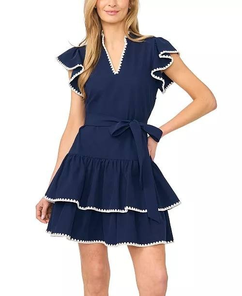 CeCe V‑Neck Ruffle Sleeve Tiered Mini Dress Classic Navy 10 NWT $139