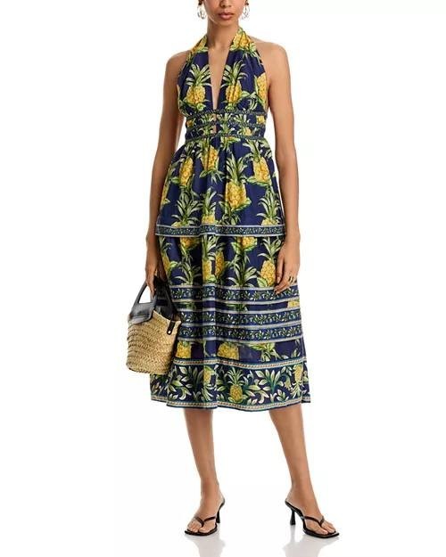 FARM Rio Pineapple Print Midi Dress Navy Multicolor, Size S, New with Tags