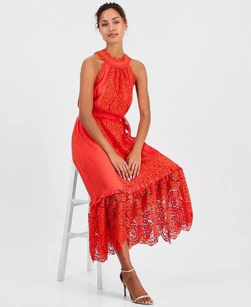 T Tahari Sleeveless Halter Lace Maxi Dress Bright Poppy S/P NWT $178