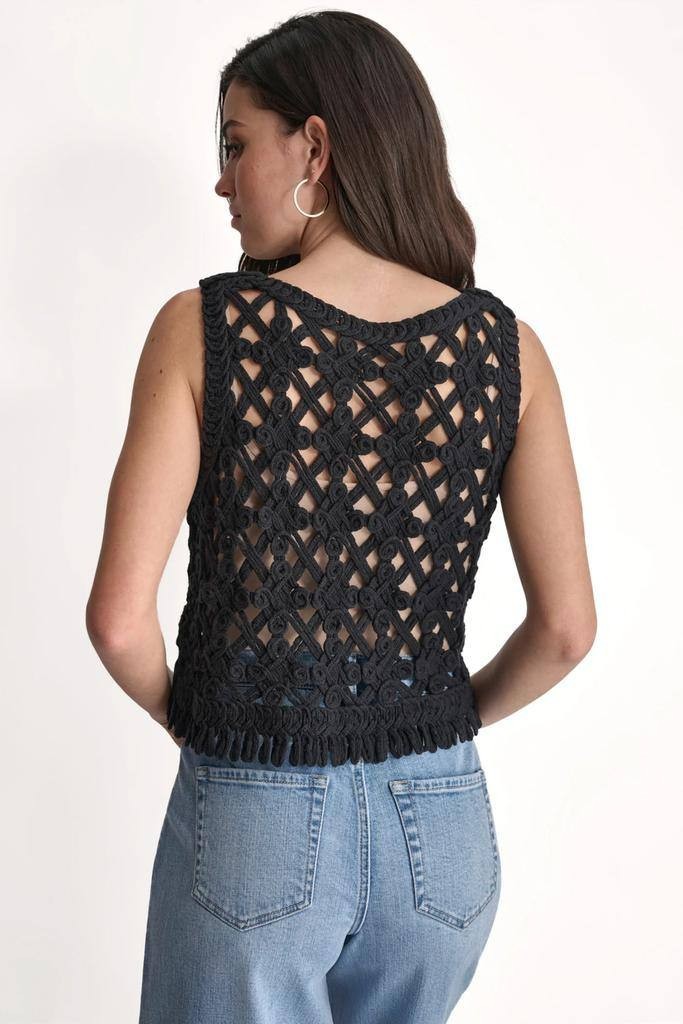 DKNY Jeans Cropped Fringe Crochet Tank – Black – Size L – NWT – $59