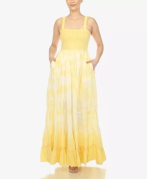White Mark Smocked Ruffle Maxi Dress Yellow XL NWT $80