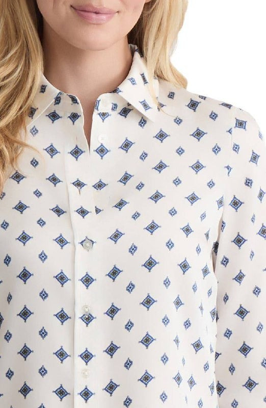 Jones New York Diamond‑Print Button‑Up Shirt – Black/White – Size L – NWT – $89.