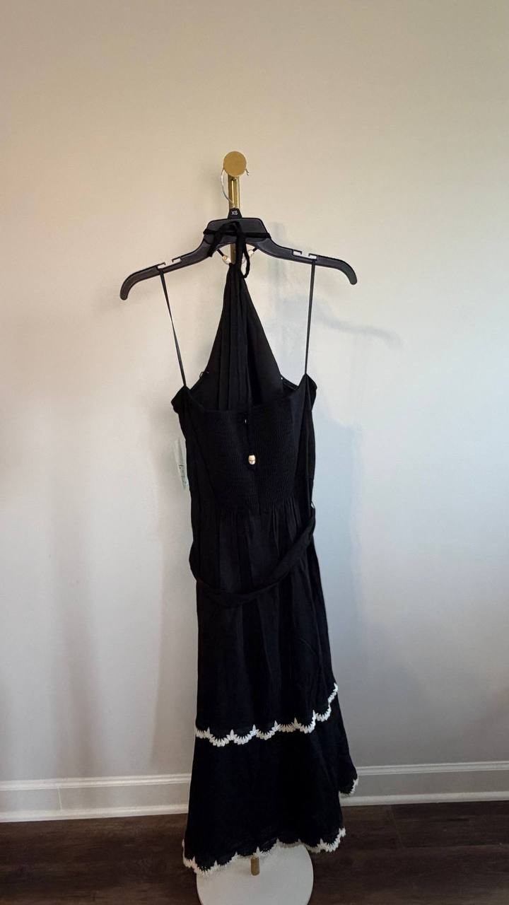 Eliza J Beaded‑Strap Contrast‑Trim Halter Midi Dress Black 16 NWT $168