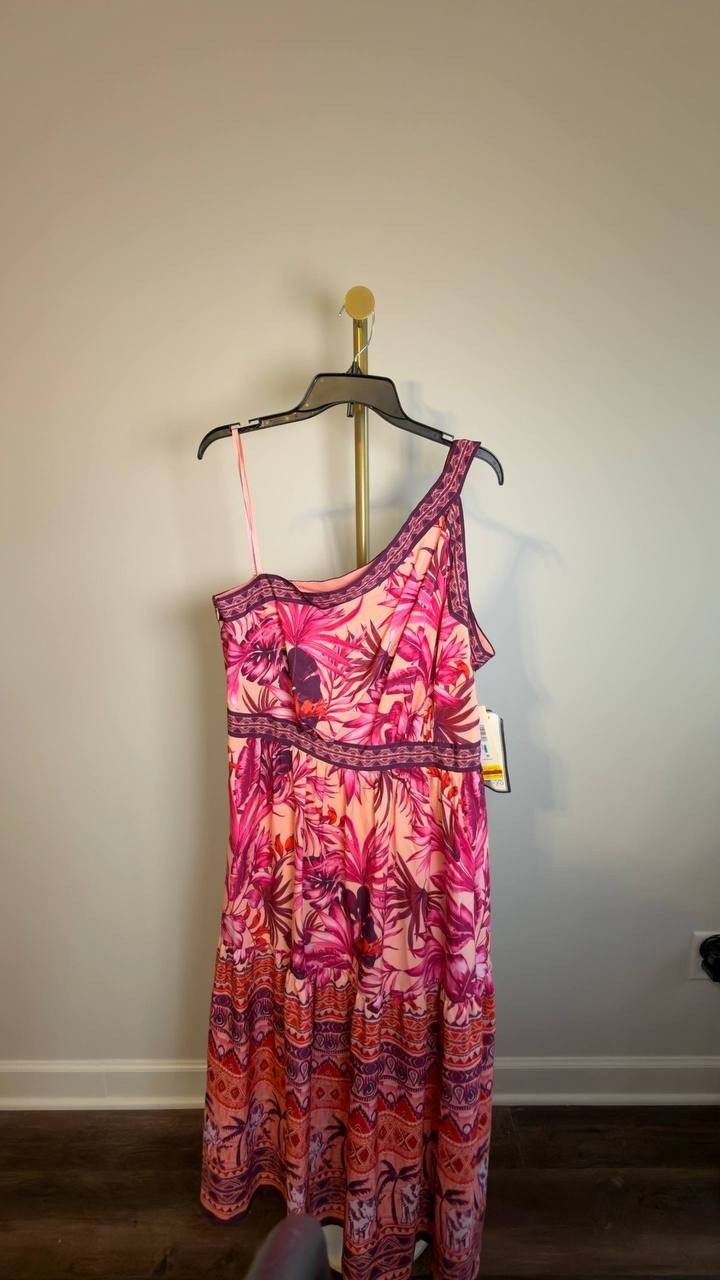 Eliza J Mixed‑Print One‑Shoulder Tiered Midi Dress Floral Multi 16 NWT $158