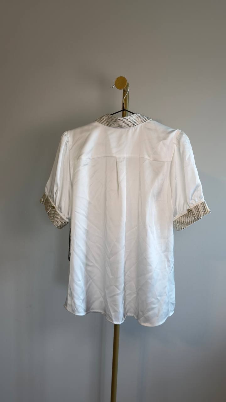 Karl Lagerfeld Paris Beaded Satin Stud Blouse Soft White M NWT $109