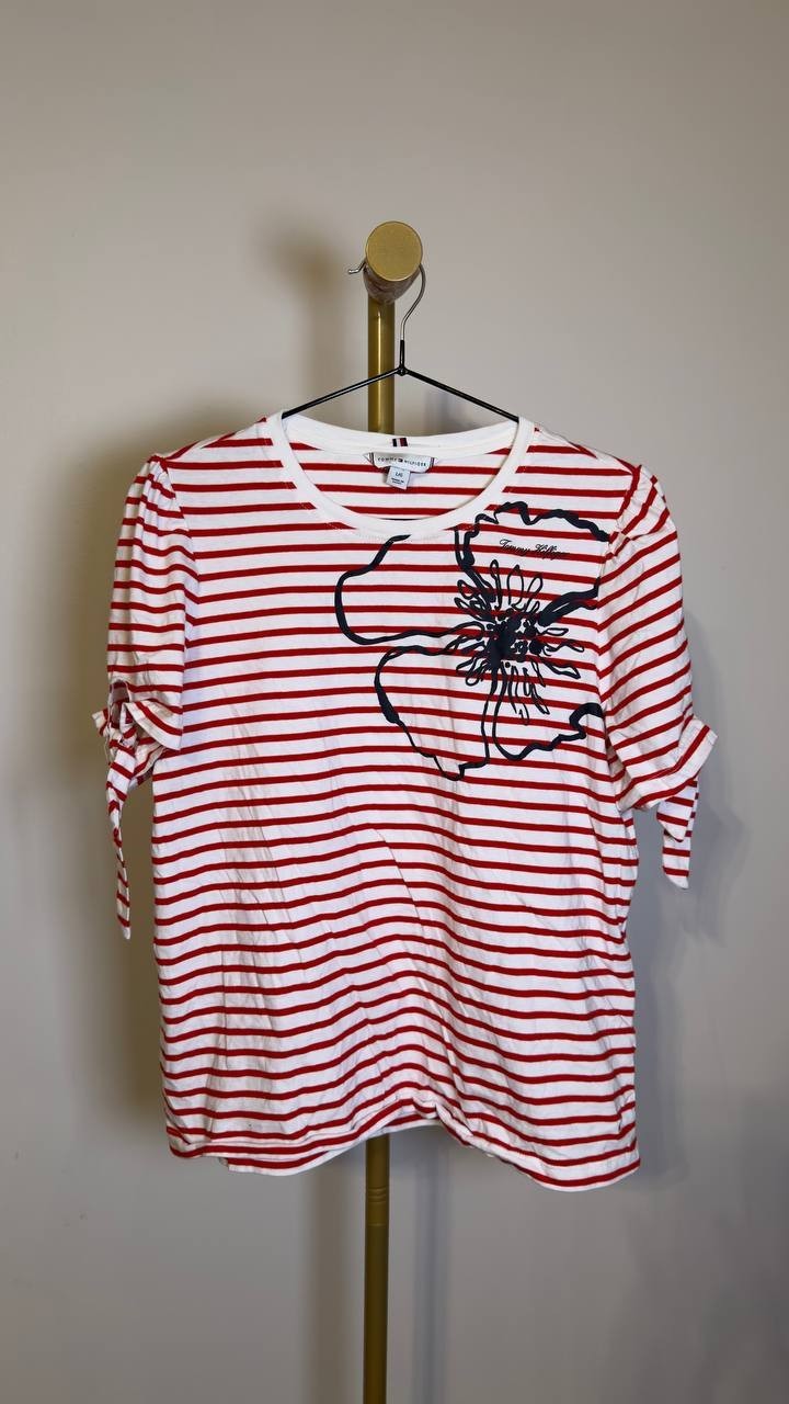 Tommy Hilfiger Women’s Cotton Bow‑Tie T‑Shirt White/Red L NWT $49.50