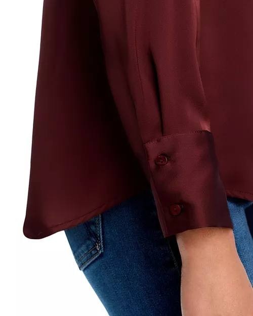 AQUA Satin Button Front Blouse Dark Cherry Size XXS NWT $78 – Chic Office Style