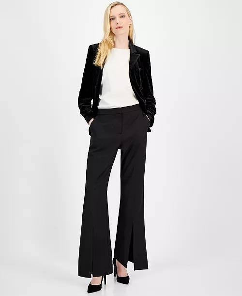 T Tahari Solid Split‑Hem Wide‑Leg Pants Black 12 NWT $88