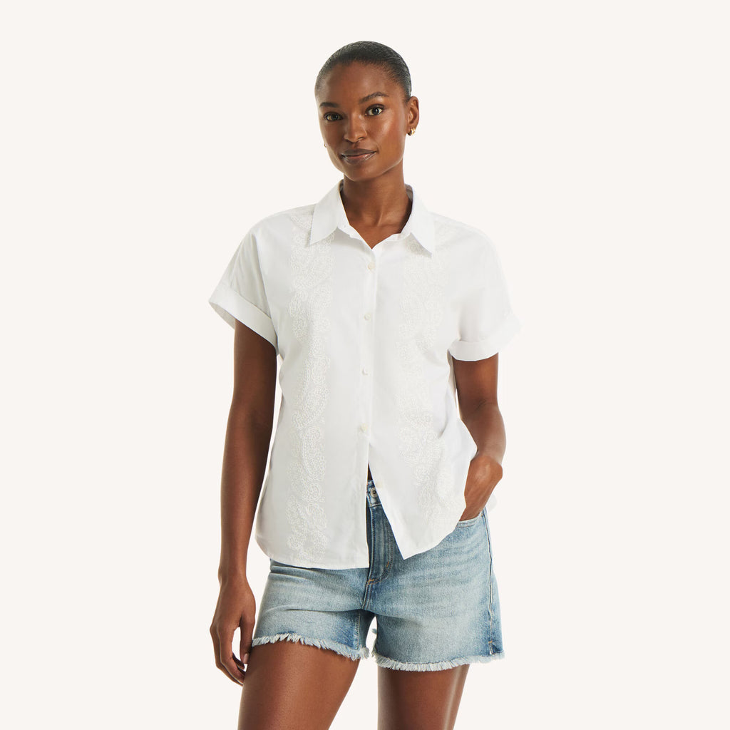 Nautica Women’s Embroidered Camp Shirt Bright White XS NWOT $64.50