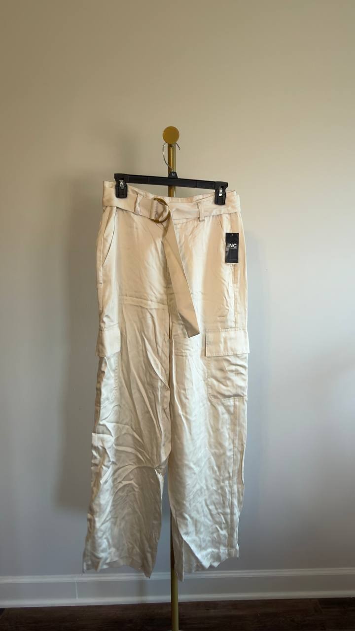 INC Belted High-Rise Cargo Pants Pure Ivory 6 NWT $94.50