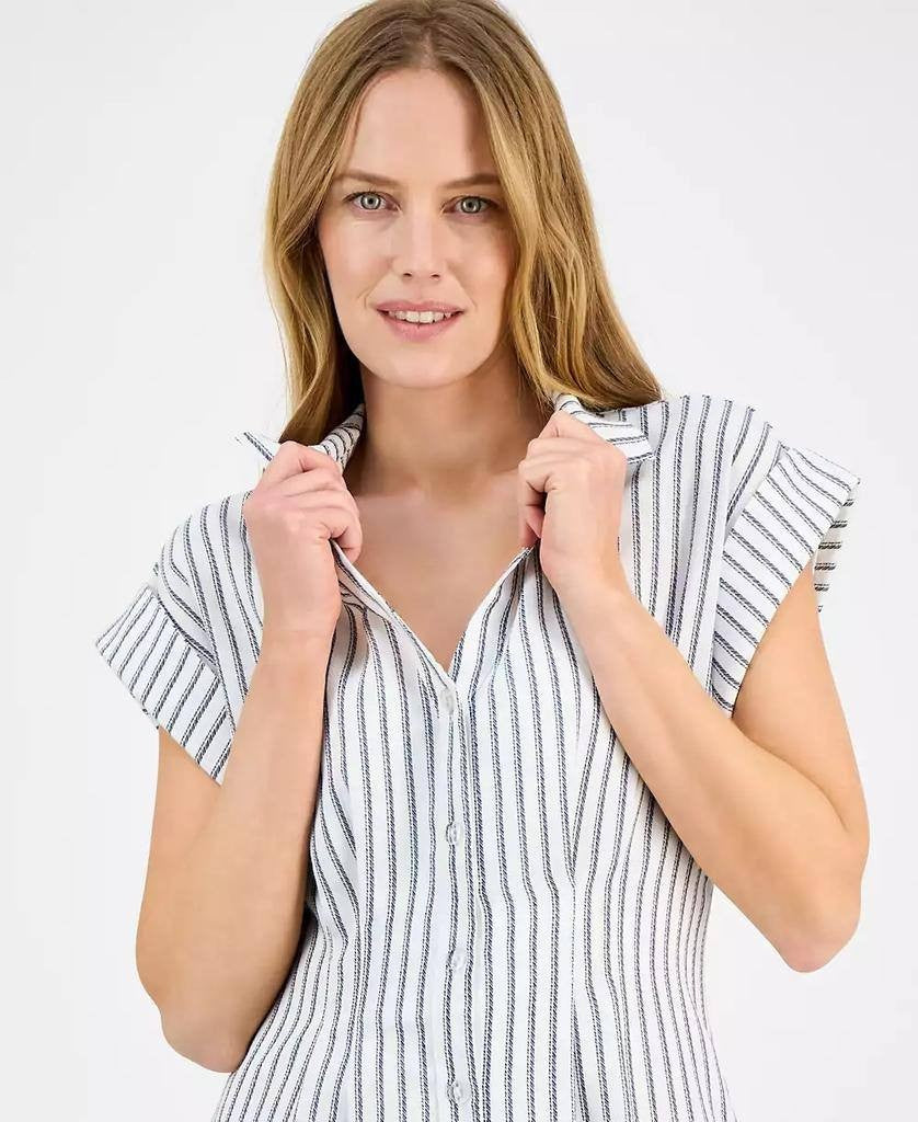 Julia Jordan Striped Cap‑Sleeve Button‑Front Dress-Ivory Navy– M–NWT–MSRP$129